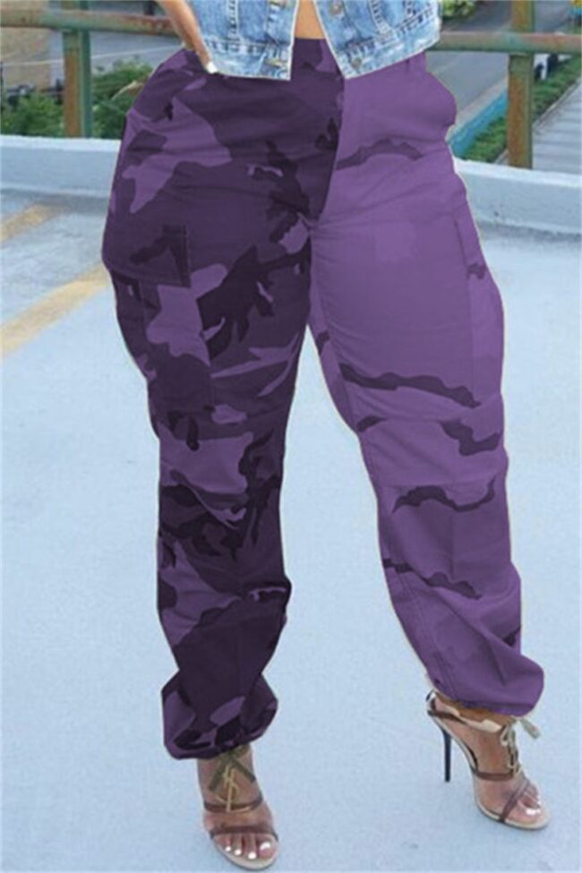 Fashion Casual Camouflage Print Split Joint Regular High Waist Trousers