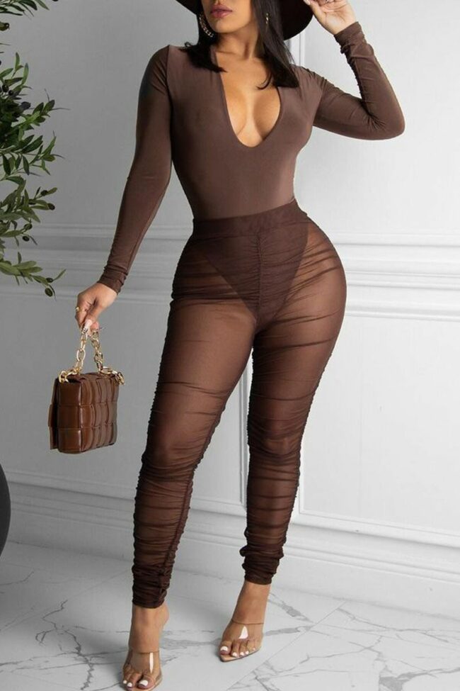 Sexy Solid Split Joint See-through Fold V Neck Long Sleeve Two Pieces