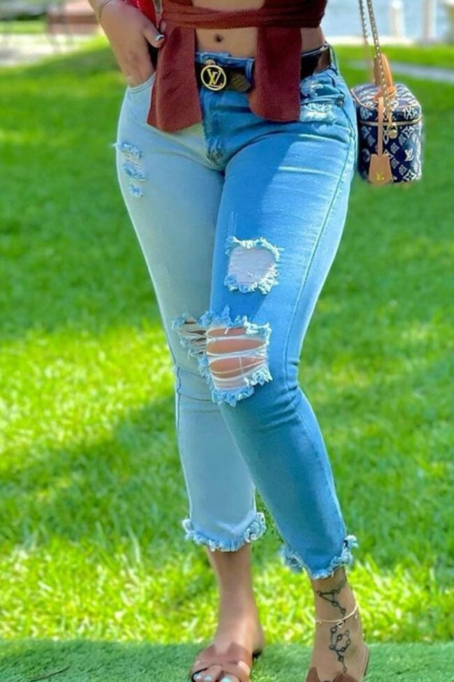Casual Solid Ripped Make Old Split Joint High Waist Denim Jeans