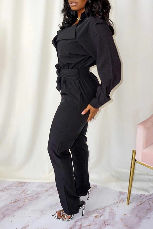 Casual Street Solid Split Joint Buttons Turndown Collar Straight Jumpsuits