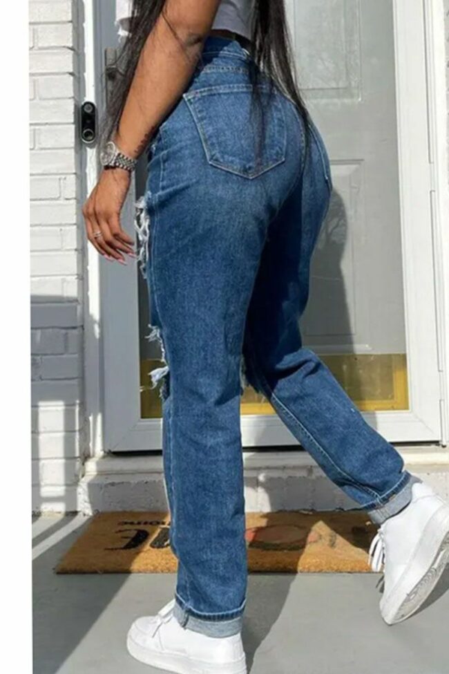 Street Solid Ripped Split Joint High Waist Straight Denim Jeans