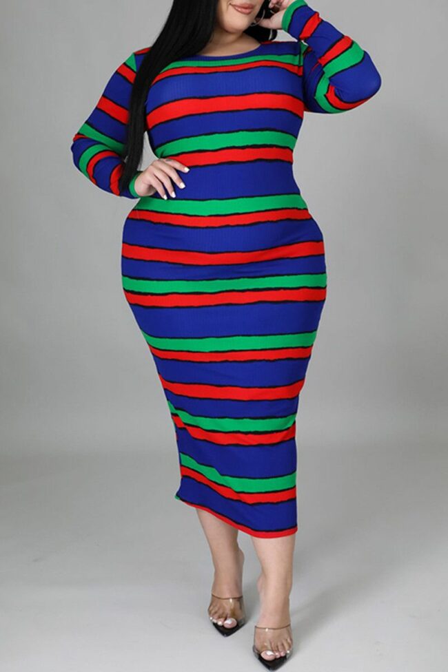 Fashion Casual Striped Print Basic O Neck Long Sleeve Plus Size Dresses