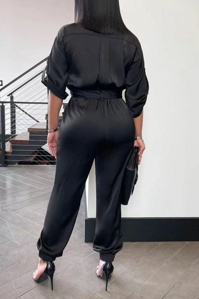 Casual Solid Split Joint Buckle Turndown Collar Straight Jumpsuits