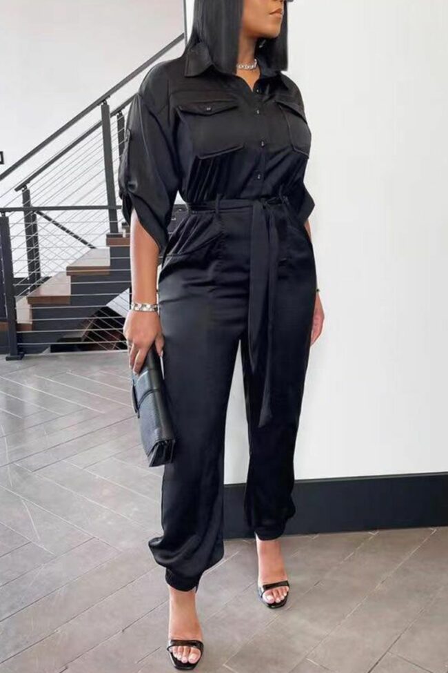 Casual Solid Split Joint Buckle Turndown Collar Straight Jumpsuits