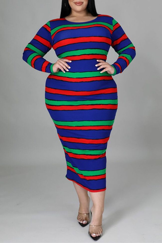 Fashion Casual Striped Print Basic O Neck Long Sleeve Plus Size Dresses