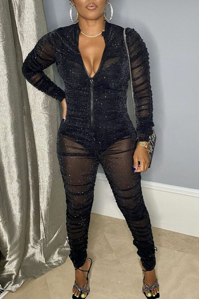 Sexy Solid Split Joint See-through Fold Zipper Collar Regular Jumpsuits (Two Pieces)