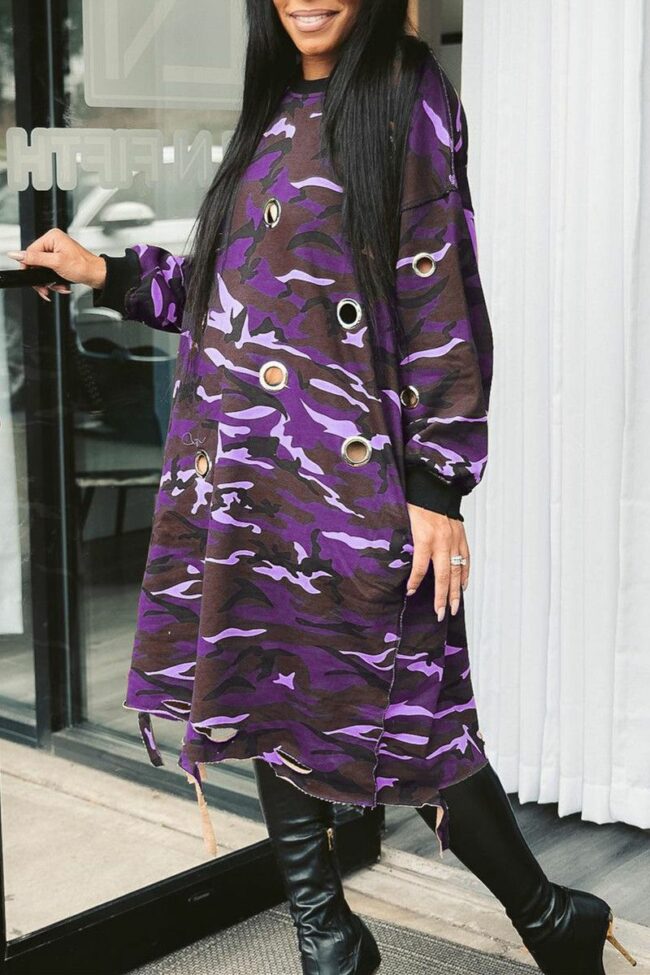 Fashion Casual Camouflage Print Hollowed Out O Neck Long Sleeve Dresses