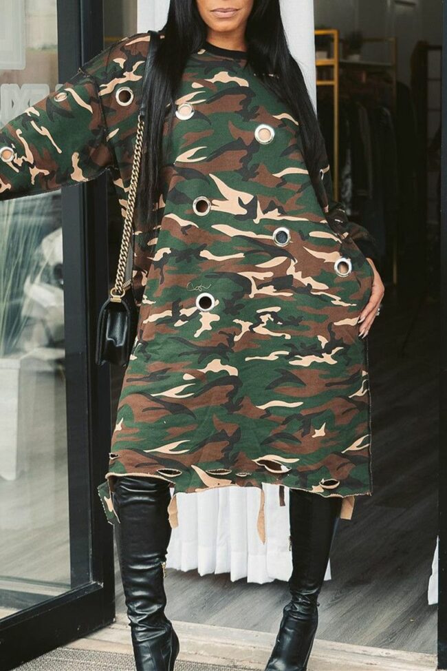 Fashion Casual Camouflage Print Hollowed Out O Neck Long Sleeve Dresses