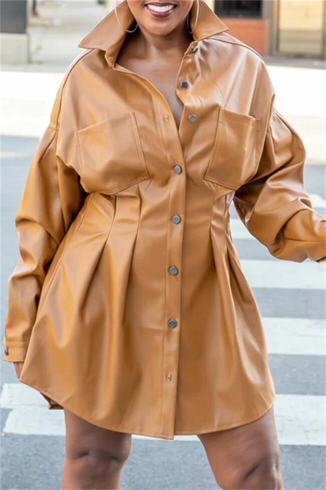 Fashion Casual Solid Split Joint Turndown Collar Long Sleeve Dresses