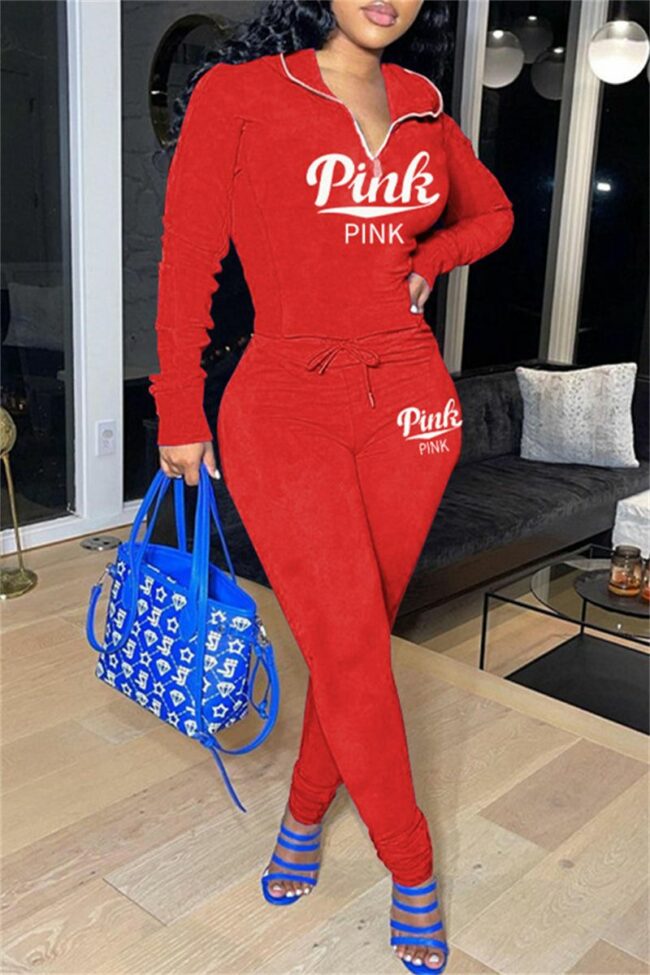 Fashion Casual Letter Embroidery Zipper Turndown Collar Long Sleeve Two Pieces