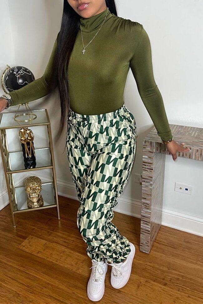 Fashion Casual Print With Belt Regular High Waist Trousers