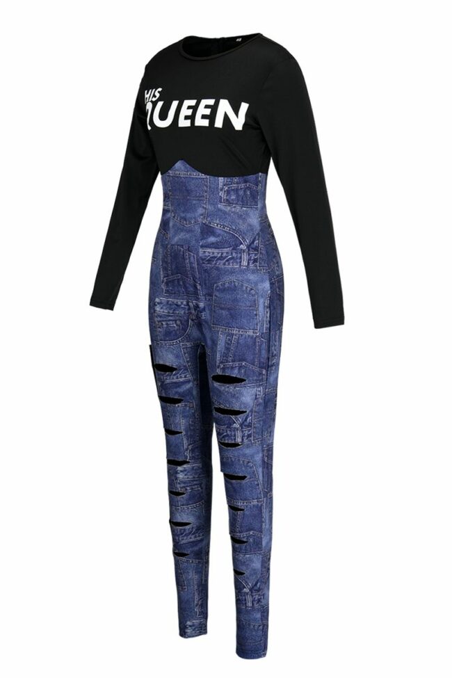 Fashion Casual Letter Print Ripped Split Joint O Neck Skinny Jumpsuits