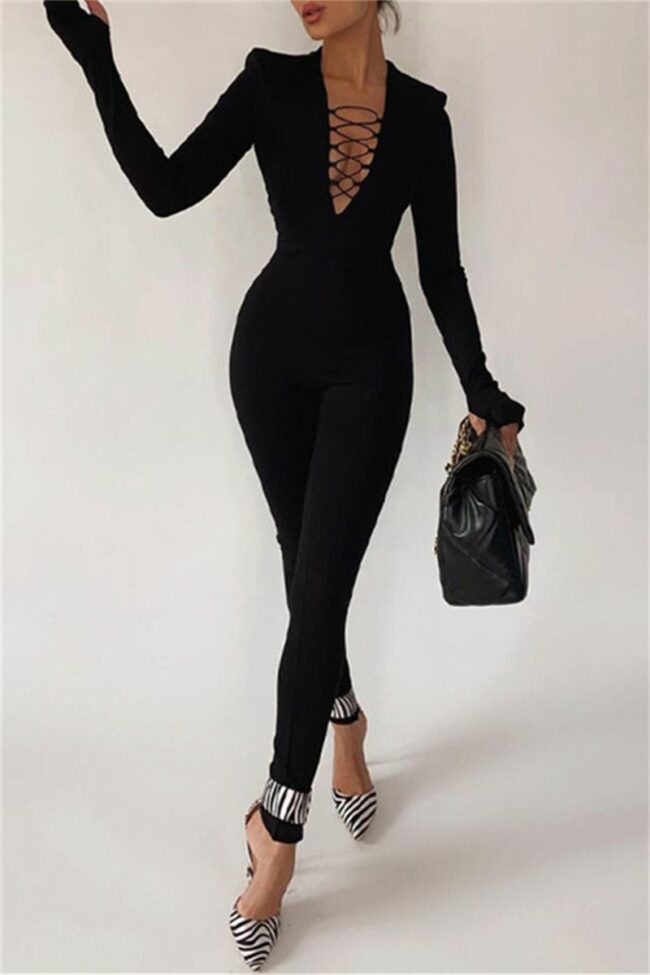 Fashion Casual Solid Hollowed Out V Neck Skinny Jumpsuits