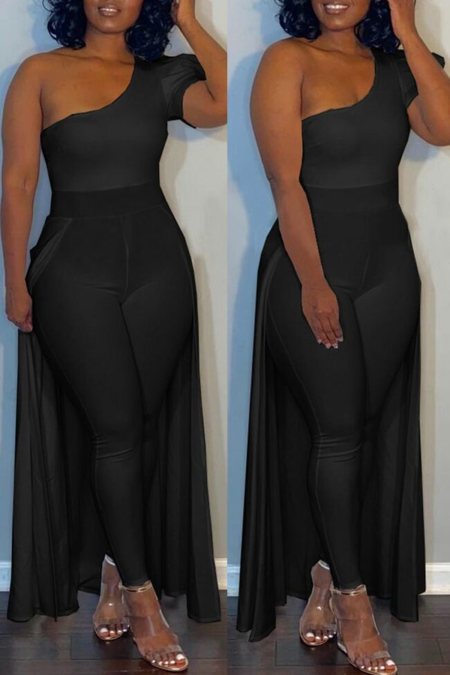 Sexy Casual Solid Split Joint Oblique Collar Plus Size Jumpsuits