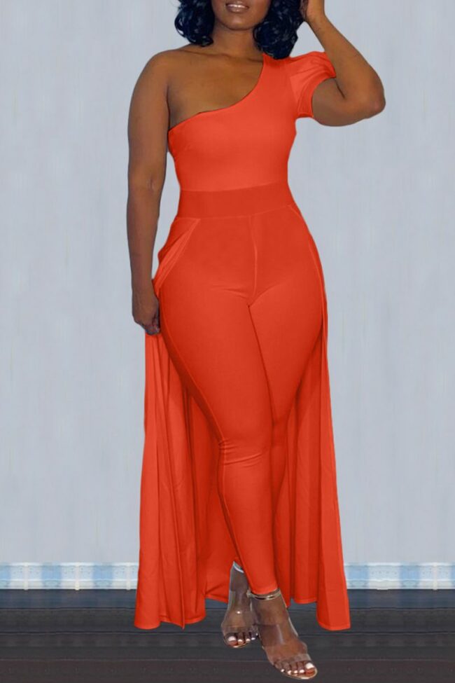 Sexy Casual Solid Split Joint Oblique Collar Plus Size Jumpsuits