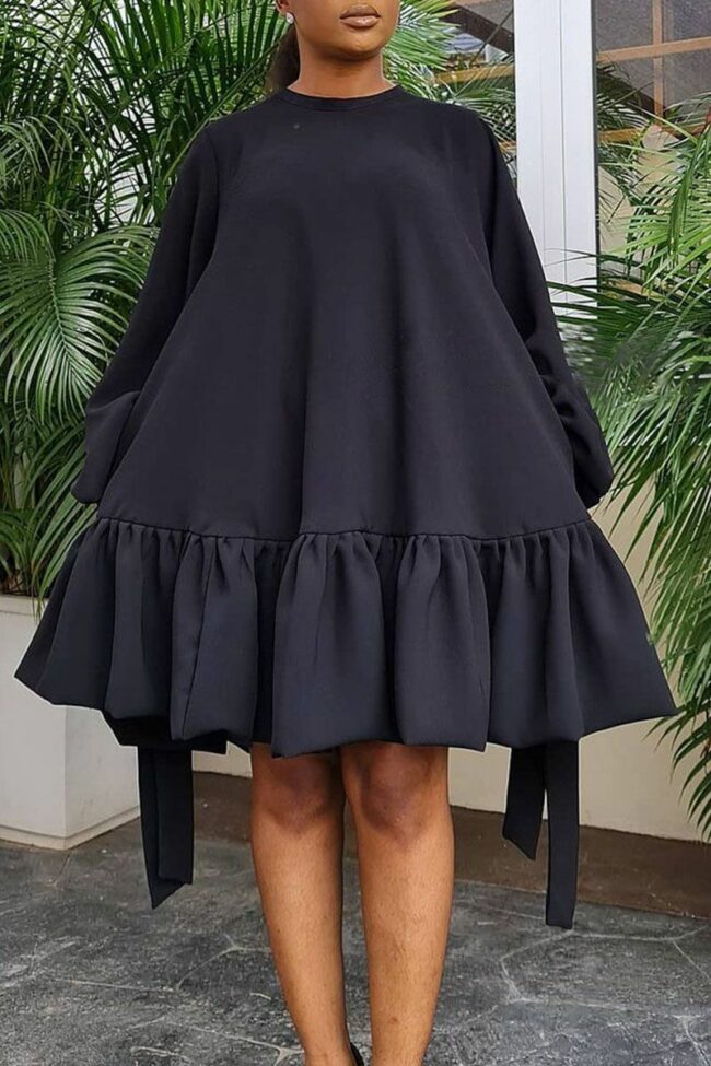 Casual Sweet Solid Split Joint Flounce Fold O Neck A Line Dresses