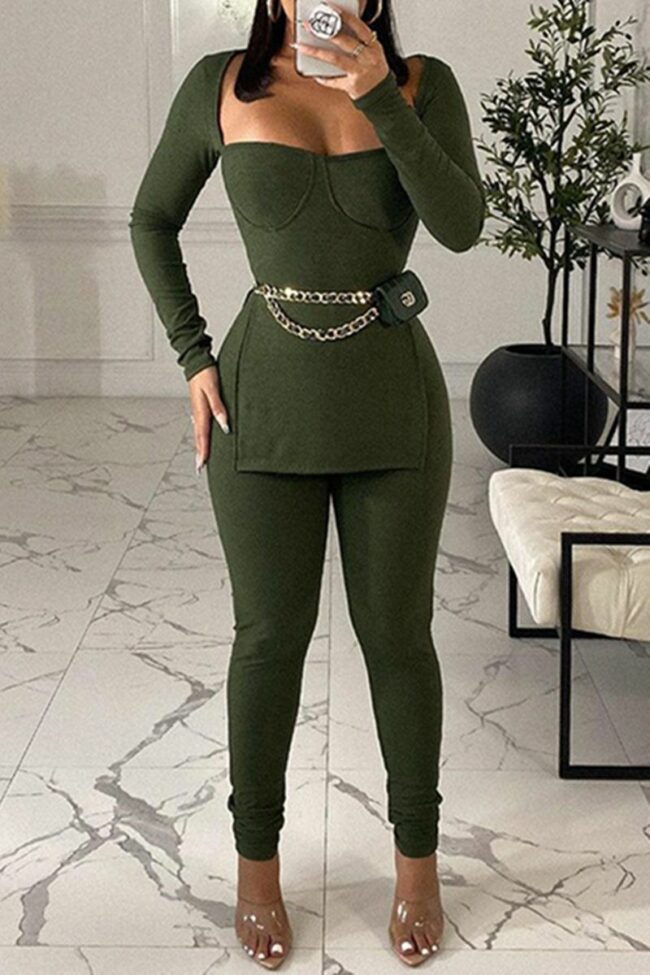 Fashion Casual Solid Slit Square Collar Long Sleeve Two Pieces