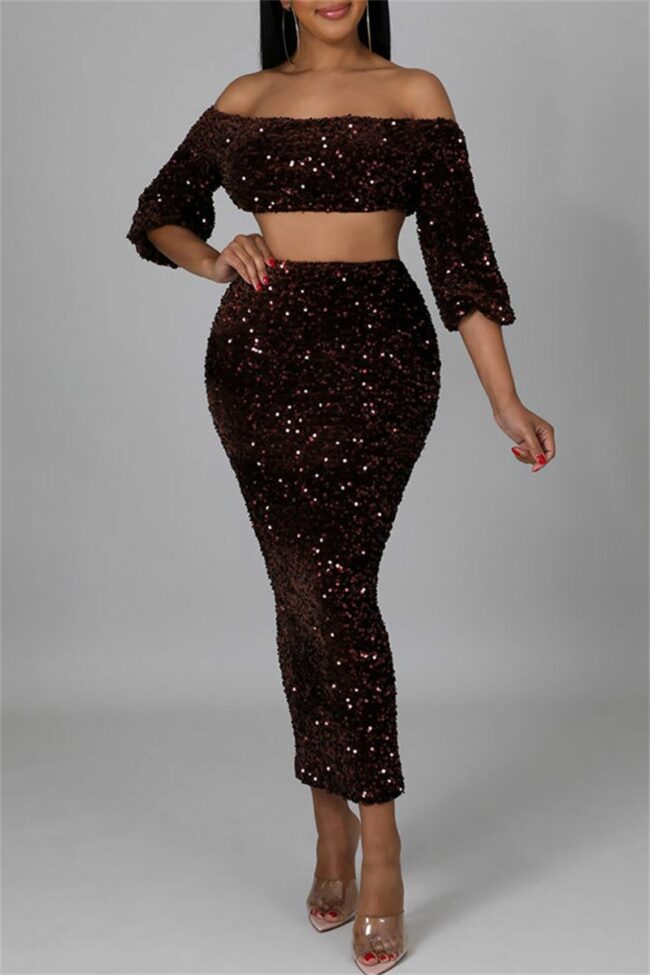 Fashion Sexy Solid Sequins Split Joint Off the Shoulder Long Sleeve Two Pieces