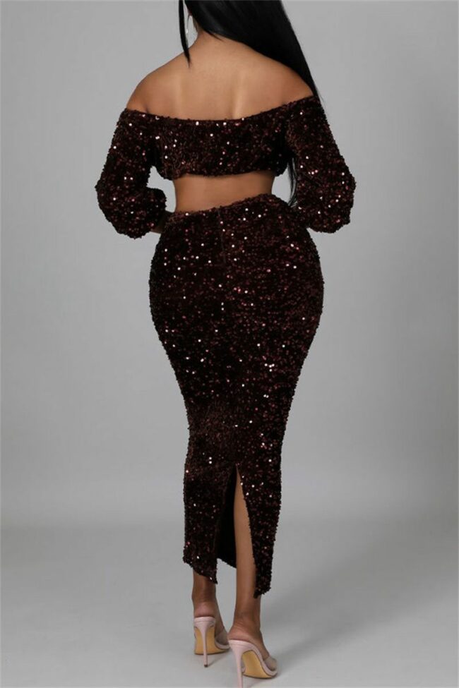 Fashion Sexy Solid Sequins Split Joint Off the Shoulder Long Sleeve Two Pieces