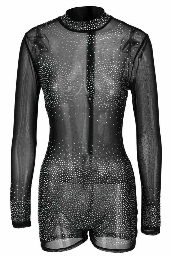 Sexy Zipper See-through Mesh Hot Drill O Neck Skinny Jumpsuits