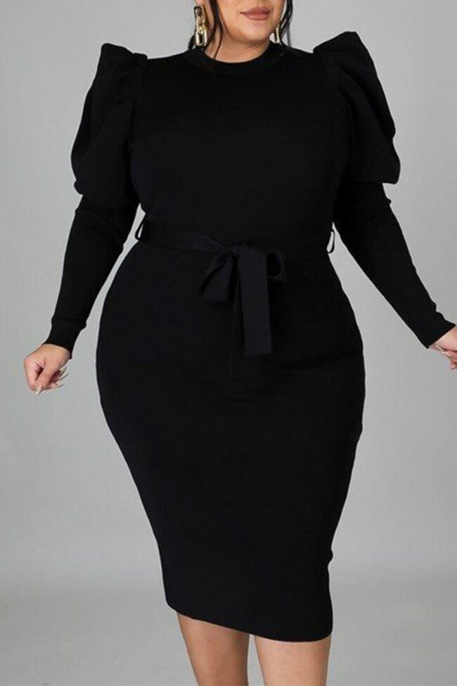 Black Fashion Casual Solid With Belt O Neck Long Sleeve Plus Size Dresses