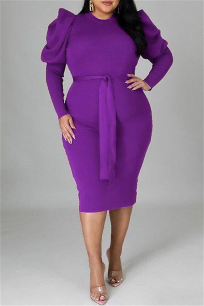 Black Fashion Casual Solid With Belt O Neck Long Sleeve Plus Size Dresses