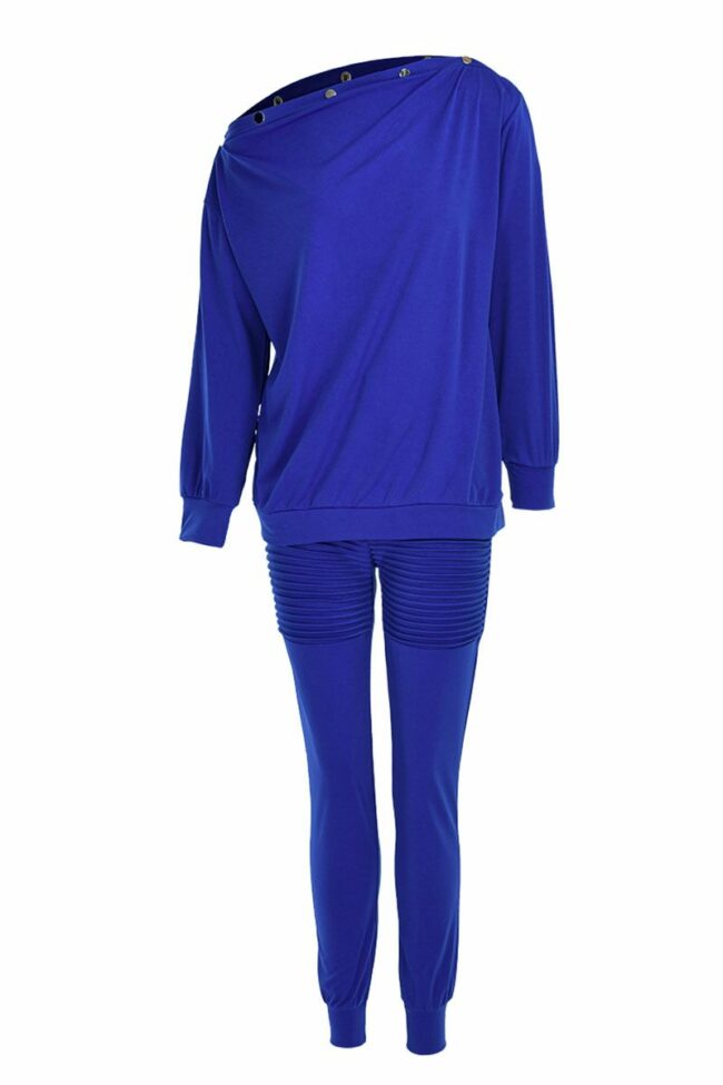 Casual Solid Split Joint Buttons Fold Off the Shoulder Long Sleeve Two Pieces