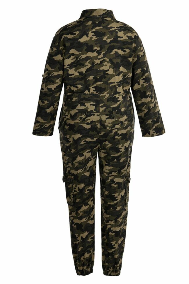 Fashion Casual Camouflage Print Split Joint Zipper Collar Plus Size Jumpsuits