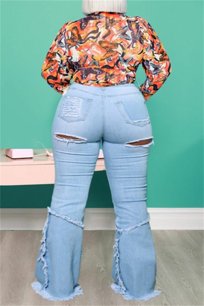 Fashion Casual Solid Ripped Split Joint Plus Size Jeans