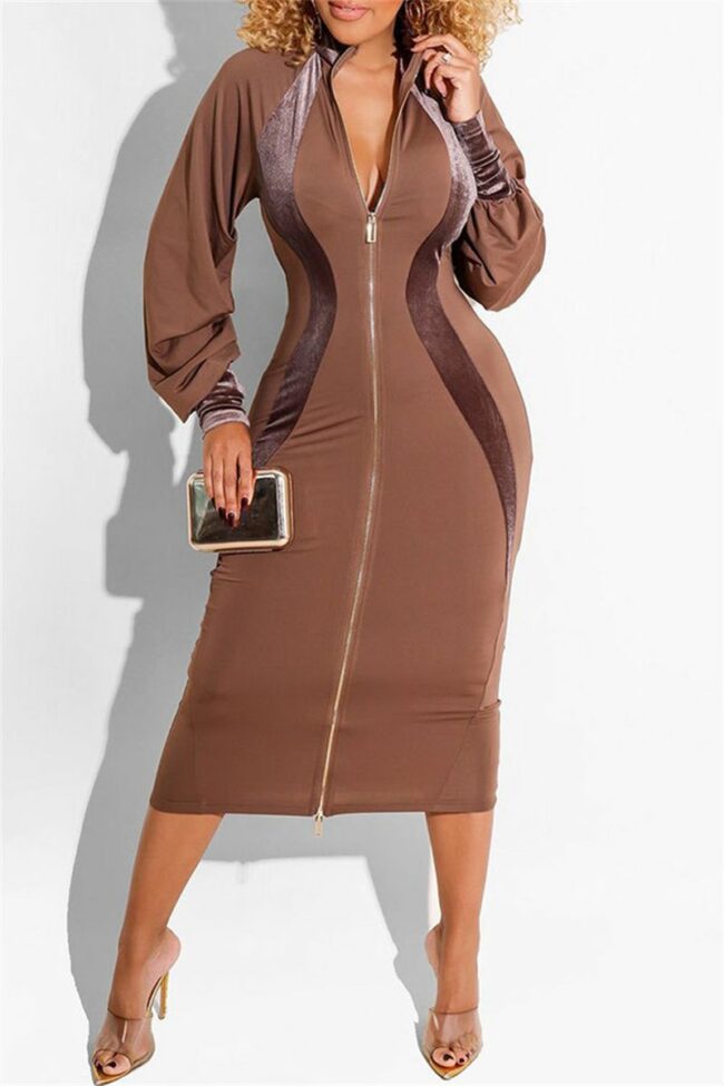 Fashion Casual Solid Split Joint Zipper Collar Long Sleeve Dresses