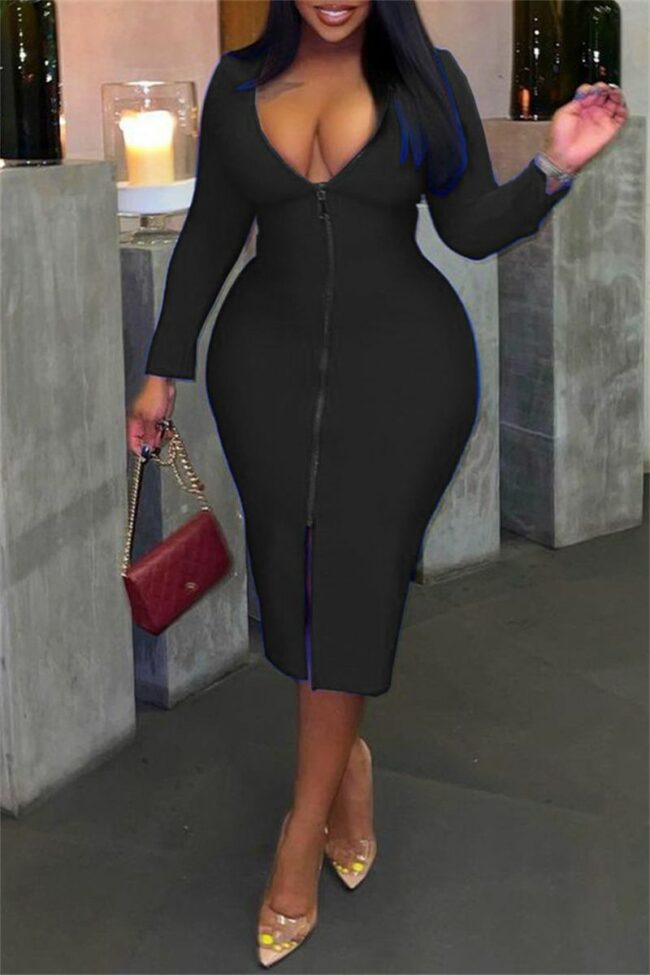 Fashion Casual Solid Zipper V Neck Long Sleeve Plus Size Dresses