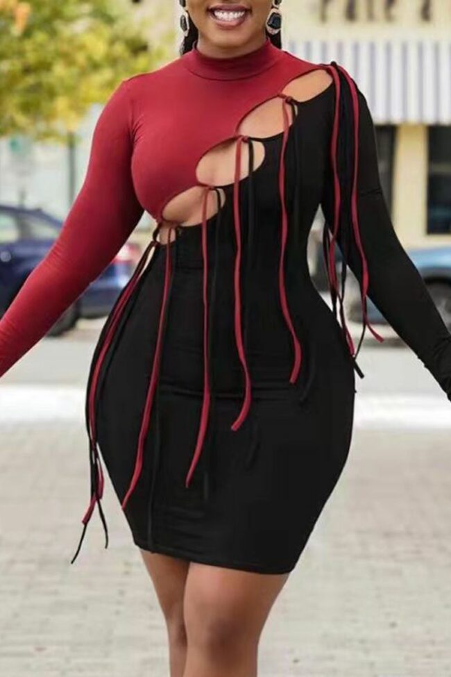 Fashion Casual Patchwork Tassel Hollowed Out Half A Turtleneck Long Sleeve Dresses