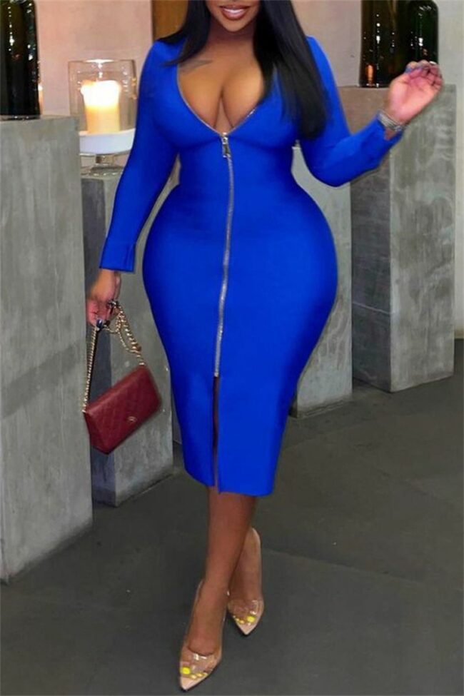 Fashion Casual Solid Zipper V Neck Long Sleeve Plus Size Dresses