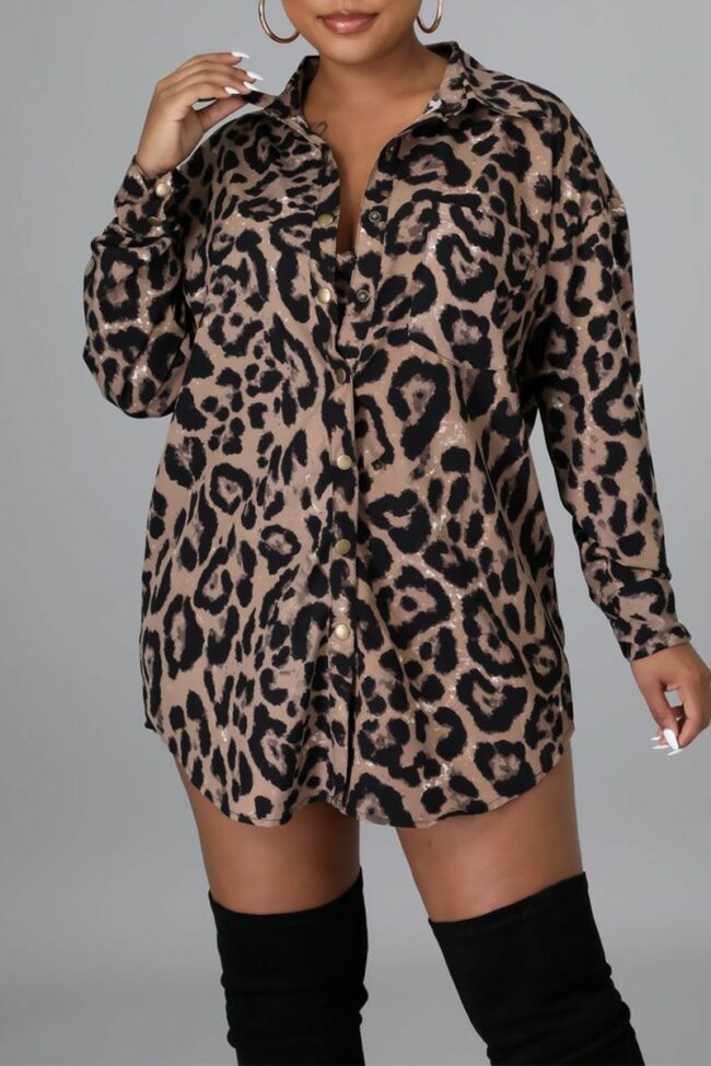 Sexy Print Leopard Split Joint Buckle Turndown Collar Shirt Dress Dresses