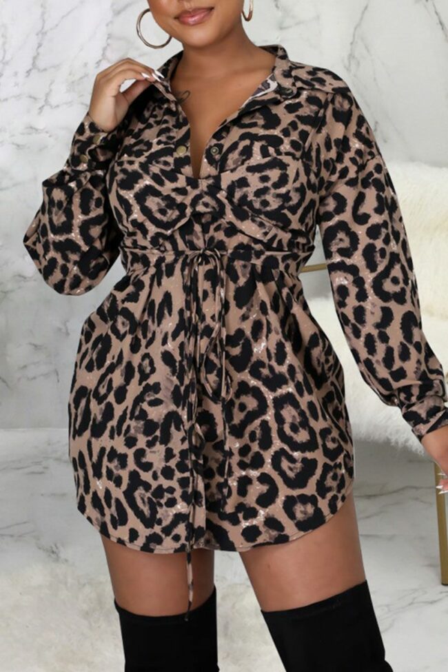 Sexy Print Leopard Split Joint Buckle Turndown Collar Shirt Dress Dresses