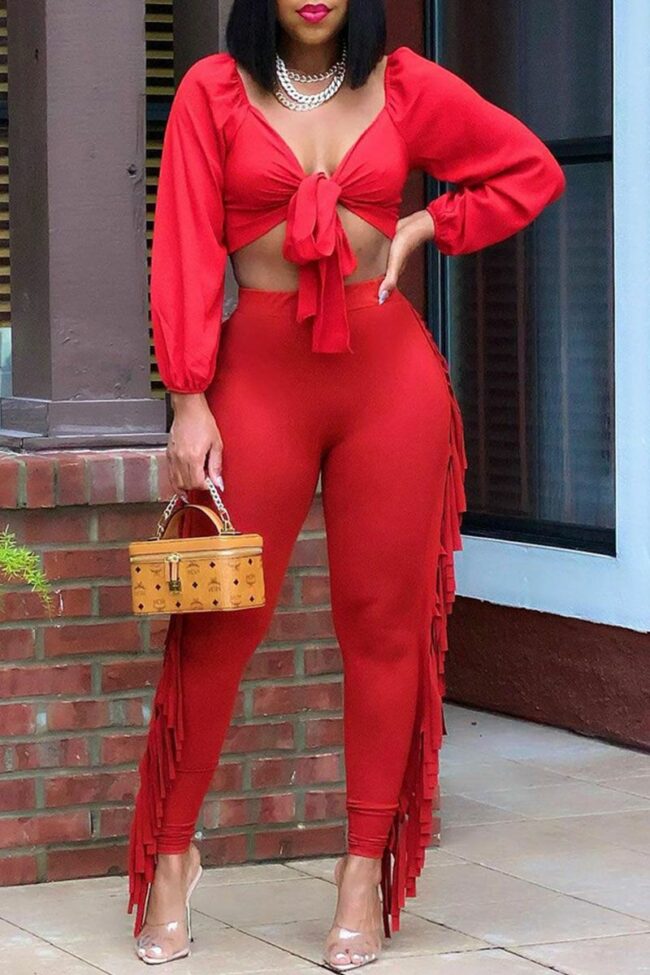 Sexy Solid Tassel Bandage Split Joint V Neck Long Sleeve Two Pieces