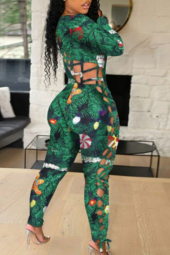 Sexy Print Hollowed Out Split Joint Frenulum O Neck Regular Jumpsuits
