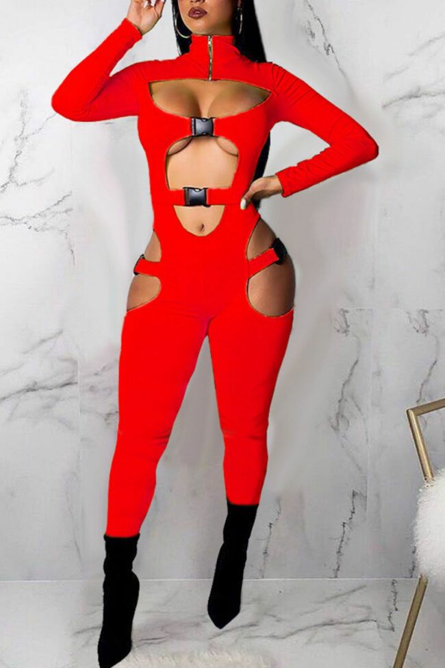 Sexy Solid Hollowed Out Split Joint Zipper Collar Skinny Jumpsuits