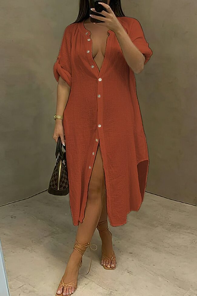 Fashion Casual Solid Split Joint Turndown Collar Long Sleeve Dresses