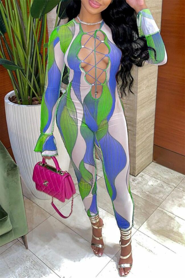 Sexy Casual Print Bandage Hollowed Out O Neck Jumpsuits