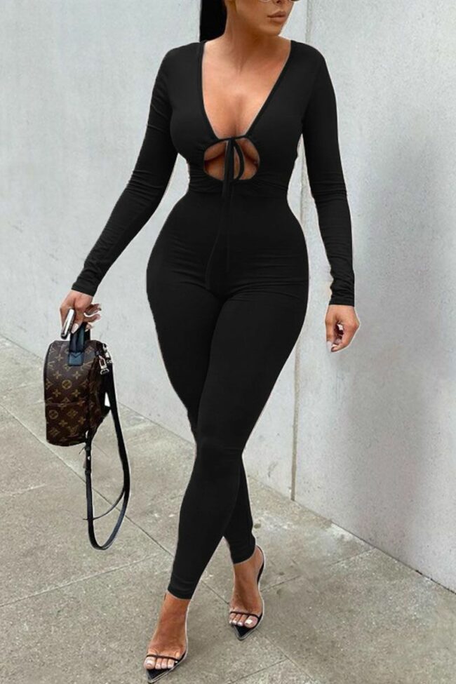 Sexy Solid Hollowed Out Split Joint Frenulum V Neck Regular Jumpsuits