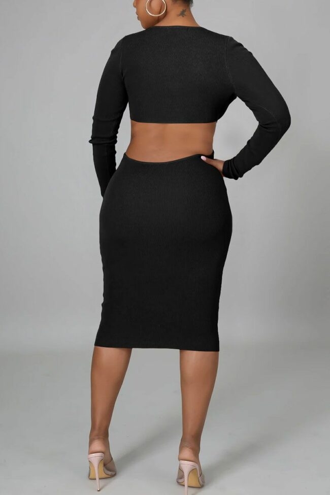 Sexy Solid Hollowed Out Split Joint V Neck Pencil Skirt Dresses