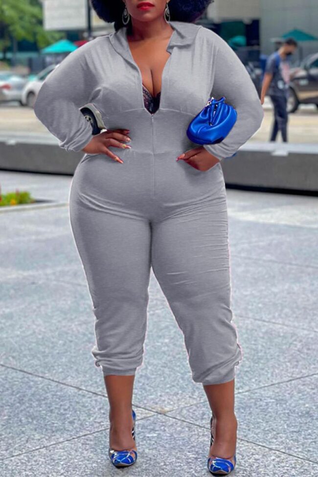 Casual Solid Split Joint Hooded Collar Plus Size Jumpsuits