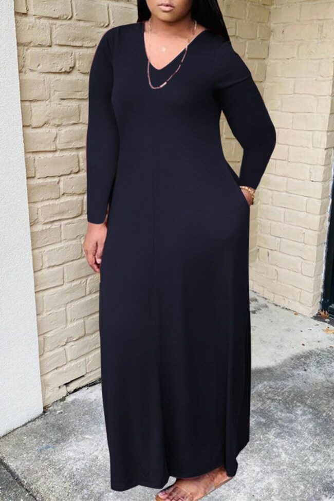 Casual Solid Split Joint V Neck Long Sleeve Plus Size Dresses
