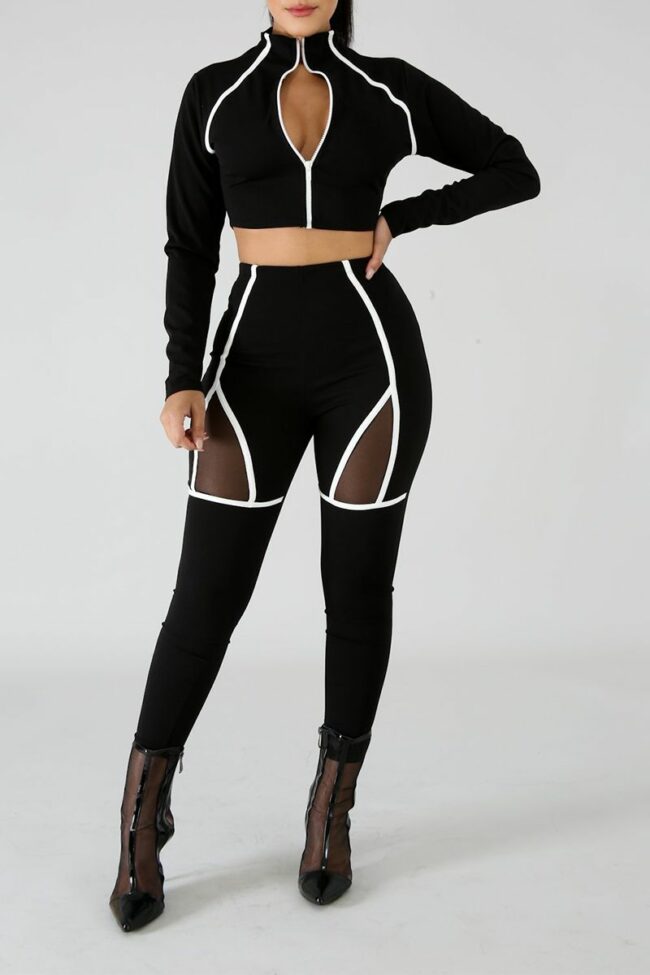 Sexy Solid Hollowed Out Zipper Collar Long Sleeve Two Pieces