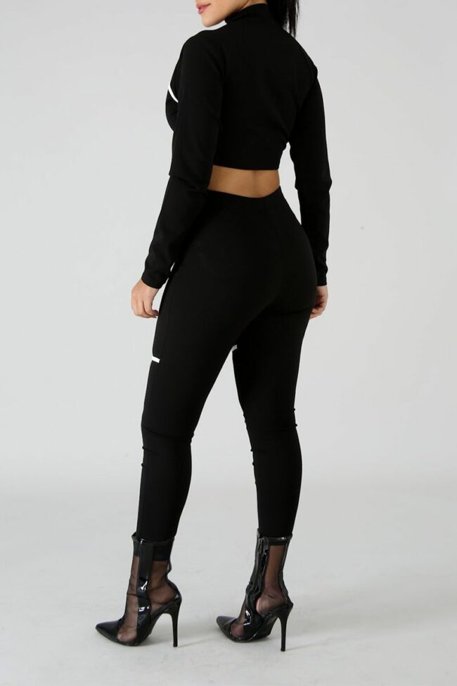 Sexy Solid Hollowed Out Zipper Collar Long Sleeve Two Pieces