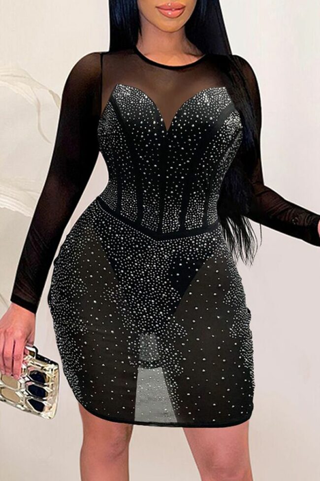 Fashion Sexy Patchwork Hot Drilling See-through O Neck Long Sleeve Dresses