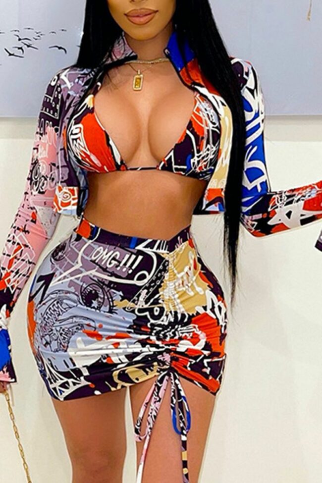 Sexy Print Split Joint Halter Long Sleeve Two Pieces