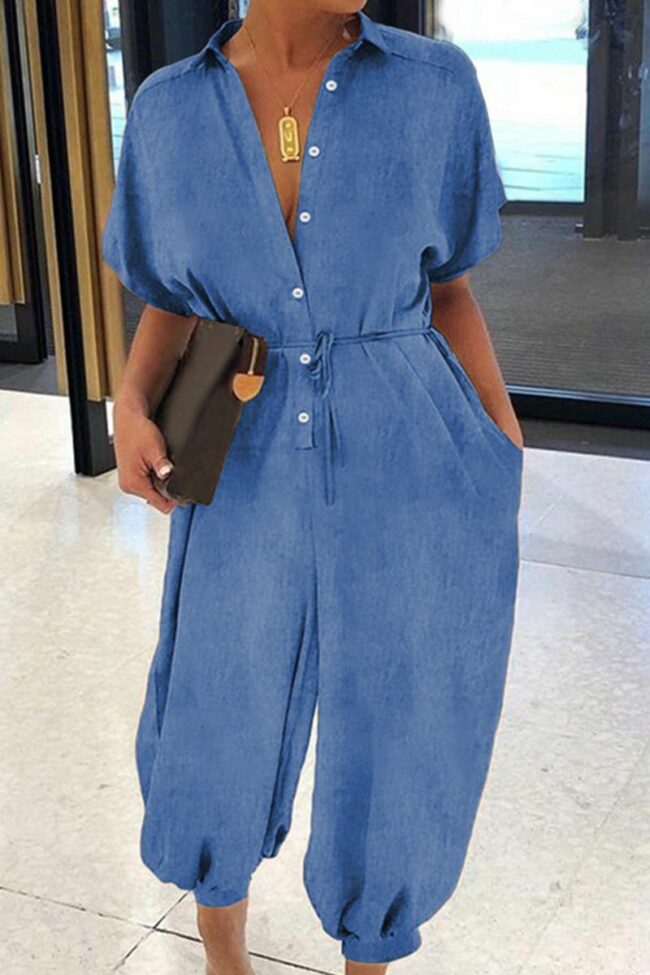Casual Solid Split Joint Turndown Collar Harlan Jumpsuits