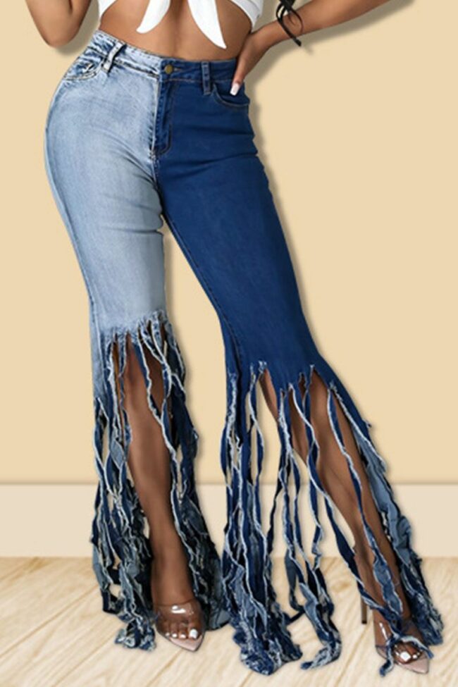 Fashion Casual Patchwork Tassel Mid Waist Denim Jeans